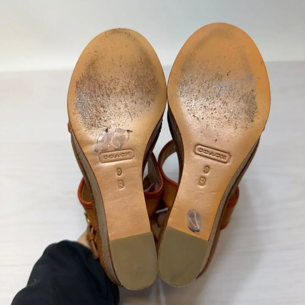 COACH Light Tan/ Bright C‎ Guileietta Cork Wedge Sandals Womens Size 9B